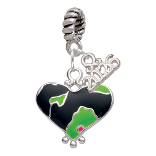 Silver Plated Lime Green Large Cheetah Print Heart - Silver Plated Twist Rope Bead Charm Dangle with Mini Year 2026: Year to Remember Jewelry Gift - Celebrations