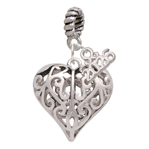 Silver Plated Large Open Filigree Heart - Silver Plated Twist Rope Bead Charm Dangle with Mini Year 2026: Year to Remember Jewelry Gift - Celebrations
