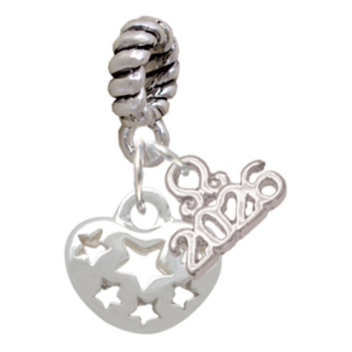 Silver Plated Small Heart with Cut Out Stars - Silver Plated Twist Rope Bead Charm Dangle with Mini Year 2026: Year to Remember Jewelry Gift - Celebrations