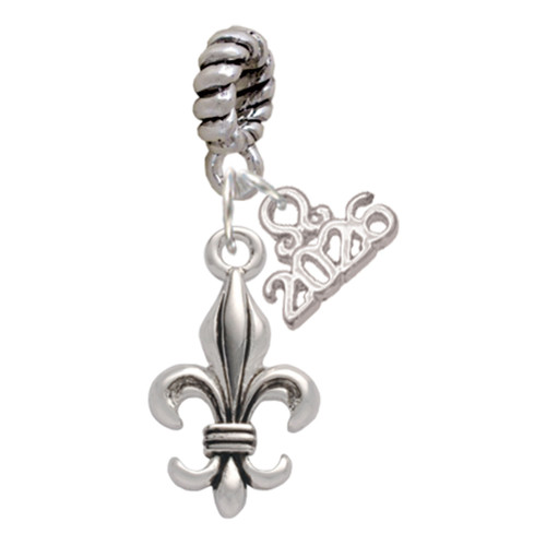 Medium Antiqued Fleur di Lis - Silver Plated Twist Rope Bead Charm Dangle with Mini Year 2026: Year to Remember Jewelry Gift - Celebrations