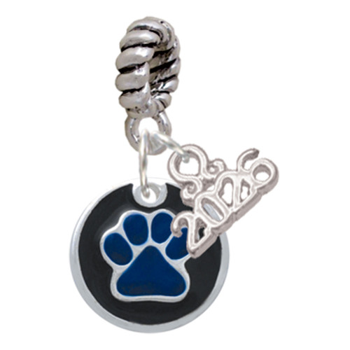 Silver Plated Royal Blue Paw on Black Disc - Silver Plated Twist Rope Bead Charm Dangle with Mini Year 2026: Year to Remember Jewelry Gift - Celebrations