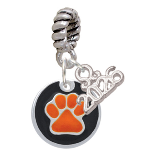 Silver Plated Orange Paw on Black Disc - Silver Plated Twist Rope Bead Charm Dangle with Mini Year 2026: Year to Remember Jewelry Gift - Celebrations