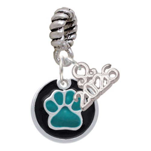 Silver Plated Teal Paw on Black Disc - Silver Plated Twist Rope Bead Charm Dangle with Mini Year 2026: Year to Remember Jewelry Gift - Celebrations