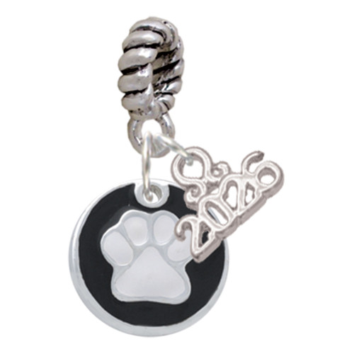 Silver Plated White Paw on Black Disc - Silver Plated Twist Rope Bead Charm Dangle with Mini Year 2026: Year to Remember Jewelry Gift - Celebrations