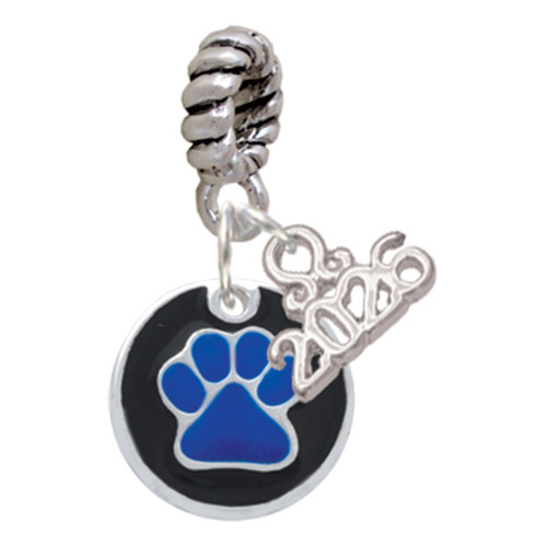 Silver Plated Navy Blue Paw on Black Disc - Silver Plated Twist Rope Bead Charm Dangle with Mini Year 2026: Year to Remember Jewelry Gift - Celebrations