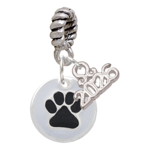 Silver Plated Black Paw on White Disc - Silver Plated Twist Rope Bead Charm Dangle with Mini Year 2026: Year to Remember Jewelry Gift - Celebrations