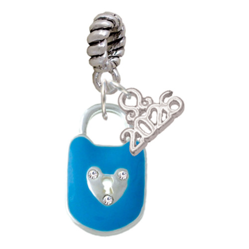 Hot Blue Enamel Lock with Clear Crystals - Silver Plated Twist Rope Bead Charm Dangle with Mini Year 2026: Year to Remember Jewelry Gift - Celebrations