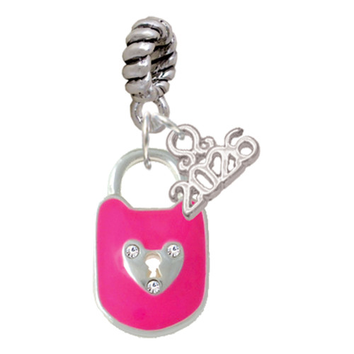 Hot Pink Enamel Lock with Clear Crystals - Silver Plated Twist Rope Bead Charm Dangle with Mini Year 2026: Year to Remember Jewelry Gift - Celebrations