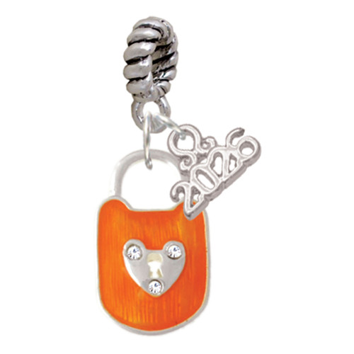 Hot Orange Enamel Lock with Clear Crystals - Silver Plated Twist Rope Bead Charm Dangle with Mini Year 2026: Year to Remember Jewelry Gift - Celebrations