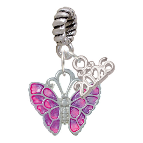 Silver Plated Hot Pink & Purple Butterfly - Silver Plated Twist Rope Bead Charm Dangle with Mini Year 2026: Year to Remember Jewelry Gift - Celebrations
