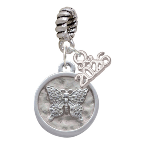 Silver Plated Butterfly - Round Seal - Silver Plated Twist Rope Bead Charm Dangle with Mini Year 2026: Year to Remember Jewelry Gift - Celebrations