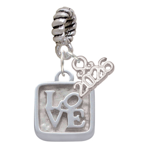 Silver Plated Love Square - Square Seal - Silver Plated Twist Rope Bead Charm Dangle with Mini Year 2026: Year to Remember Jewelry Gift - Celebrations