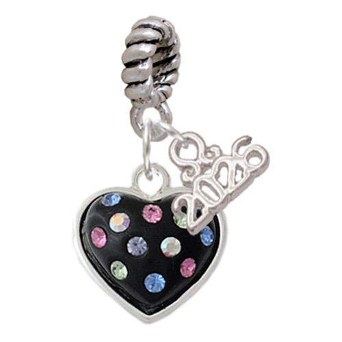 Silver Plated Black Resin Heart with Tropical Crystals - Silver Plated Twist Rope Bead Charm Dangle with Mini Year 2026: Year to Remember Jewelry Gift - Celebrations