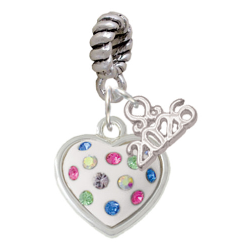 Silver Plated White Resin Heart with Spring Crystals - Silver Plated Twist Rope Bead Charm Dangle with Mini Year 2026: Year to Remember Jewelry Gift - Celebrations