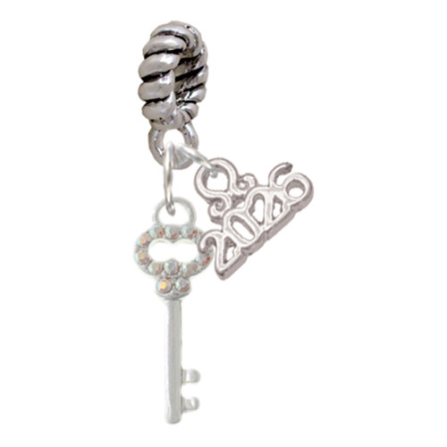 Silver Plated Small Clear AB Crystals Oval Key - Silver Plated Twist Rope Bead Charm Dangle with Mini Year 2026: Year to Remember Jewelry Gift - Celebrations