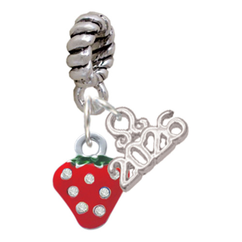 Silver Plated Mini Red Strawberry with Clear Crystals - Silver Plated Twist Rope Bead Charm Dangle with Mini Year 2026: Year to Remember Jewelry Gift - Celebrations