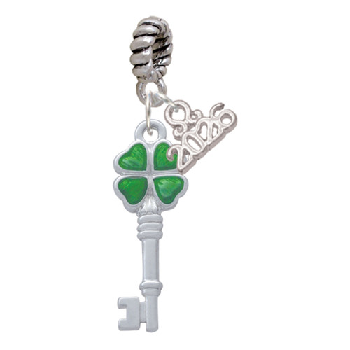 Silver Plated Translucent Green Lucky Four Leaf Clover Key - Silver Plated Twist Rope Bead Charm Dangle with Mini Year 2026: Year to Remember Jewelry Gift - Celebrations