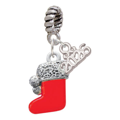 Silver Plated 3-D Red Christmas Stocking - Silver Plated Twist Rope Bead Charm Dangle with Mini Year 2026: Year to Remember Jewelry Gift - Celebrations