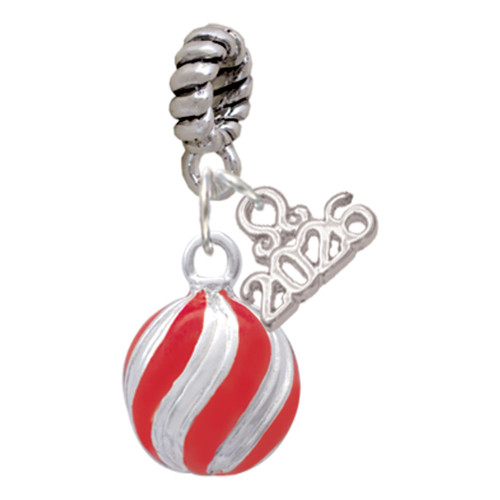 Silver Plated 3-D Red Striped Christmas Ornament - Silver Plated Twist Rope Bead Charm Dangle with Mini Year 2026: Year to Remember Jewelry Gift - Celebrations