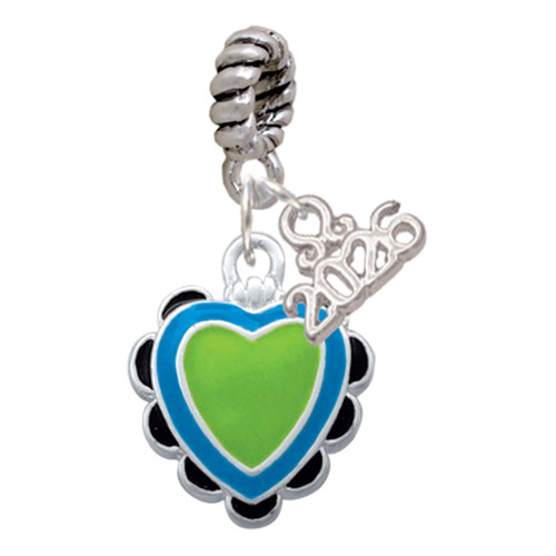 Silver Plated Lime Green & Hot Blue Heart with Black Ruffles - Silver Plated Twist Rope Bead Charm Dangle with Mini Year 2026: Year to Remember Jewelry Gift - Celebrations