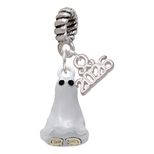 Two-tone 3-D Ghost with Black Crystals - Silver Plated Twist Rope Bead Charm Dangle with Mini Year 2026: Year to Remember Jewelry Gift - Celebrations
