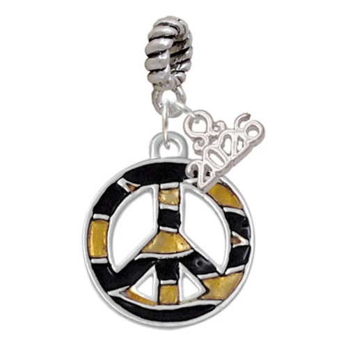 Silver Plated Large Brown Tiger Print Peace Sign - Silver Plated Twist Rope Bead Charm Dangle with Mini Year 2026: Year to Remember Jewelry Gift - Celebrations