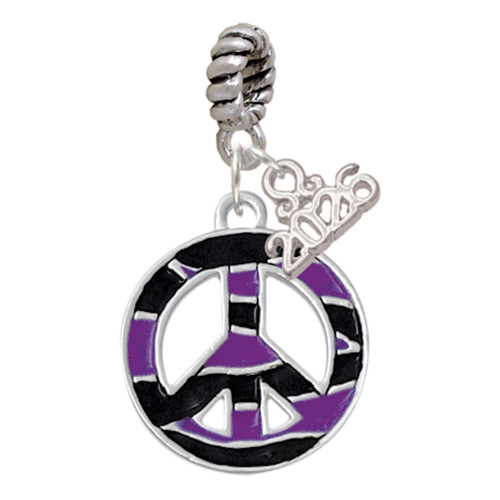 Silver Plated Large Purple Tiger Print Peace Sign - Silver Plated Twist Rope Bead Charm Dangle with Mini Year 2026: Year to Remember Jewelry Gift - Celebrations