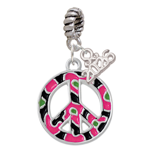 Silver Plated Large Hot Pink Cheetah Print Peace Sign - Silver Plated Twist Rope Bead Charm Dangle with Mini Year 2026: Year to Remember Jewelry Gift - Celebrations