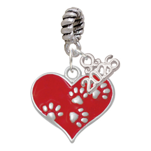 Silver Plated Red Enamel Heart with Paw Prints - Silver Plated Twist Rope Bead Charm Dangle with Mini Year 2026: Year to Remember Jewelry Gift - Celebrations