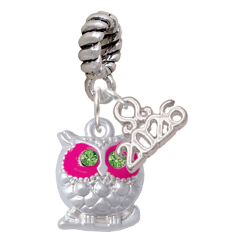 Silver Plated Owl with Hot Pink & Lime Green Crystal Eyes - Silver Plated Twist Rope Bead Charm Dangle with Mini Year 2026: Year to Remember Jewelry Gift - Celebrations