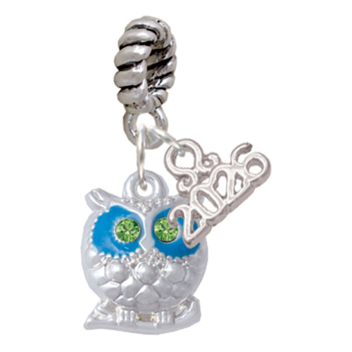 Silver Plated Owl with Hot Blue & Lime Green Crystal Eyes - Silver Plated Twist Rope Bead Charm Dangle with Mini Year 2026: Year to Remember Jewelry Gift - Celebrations