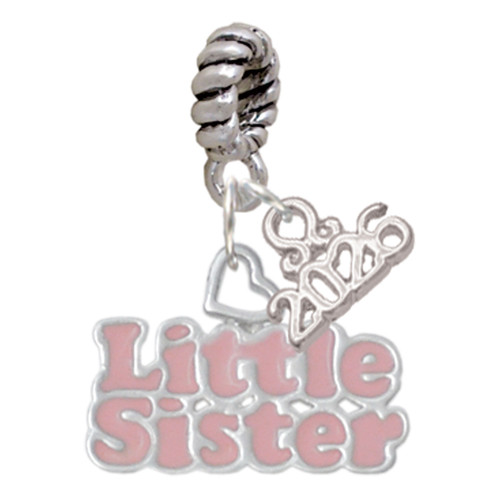 Pink ''Little Sister'' with Heart - Silver Plated Twist Rope Bead Charm Dangle with Mini Year 2026: Year to Remember Jewelry Gift - Celebrations