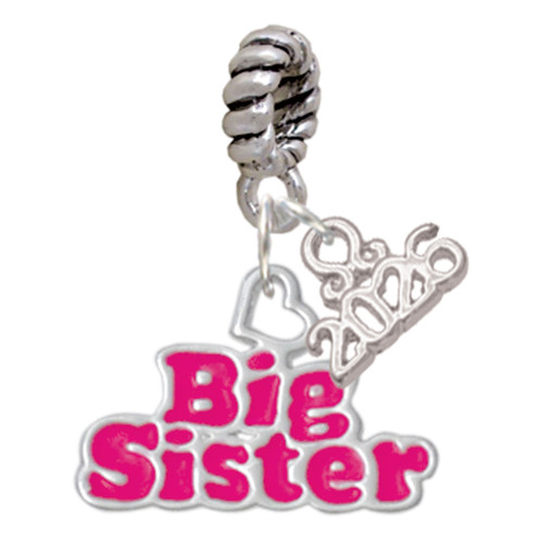 Silver Plated Hot Pink ''Big Sister'' with Heart - Silver Plated Twist Rope Bead Charm Dangle with Mini Year 2026: Year to Remember Jewelry Gift - Celebrations