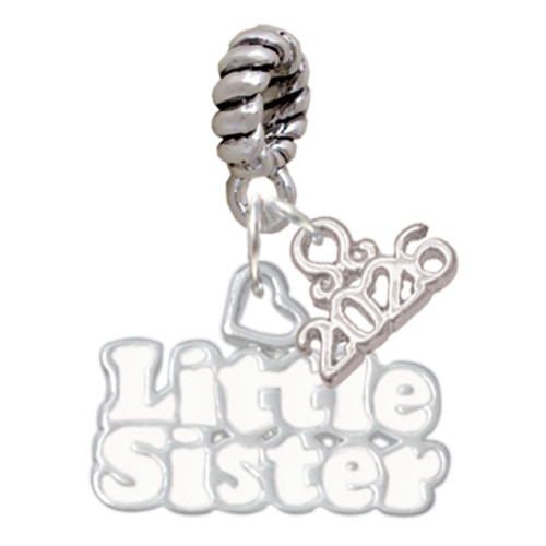 White ''Little Sister'' with Heart - Silver Plated Twist Rope Bead Charm Dangle with Mini Year 2026: Year to Remember Jewelry Gift - Celebrations