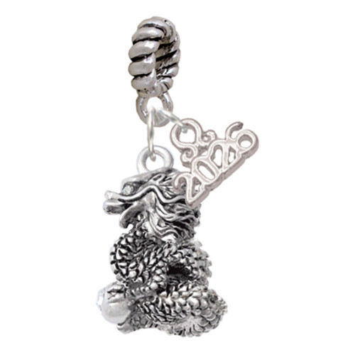 Silver Plated Dragon with AB Crystal Eyes & Clear Ball - Silver Plated Twist Rope Bead Charm Dangle with Mini Year 2026: Year to Remember Jewelry Gift - Celebrations
