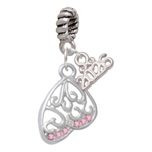 Silver Plated Open Pink Crystal Butterfly Wing - Silver Plated Twist Rope Bead Charm Dangle with Mini Year 2026: Year to Remember Jewelry Gift - Celebrations