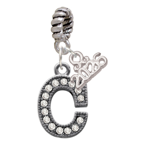 Black Nickeltone Crystal Initial - C - Beaded Border - Silver Plated Twist Rope Bead Charm Dangle with Mini Year 2026: Year to Remember Jewelry Gift - Celebrations