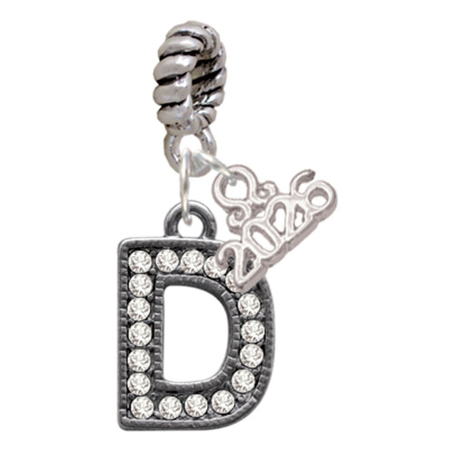 Black Nickeltone Crystal Initial - D - Beaded Border - Silver Plated Twist Rope Bead Charm Dangle with Mini Year 2026: Year to Remember Jewelry Gift - Celebrations