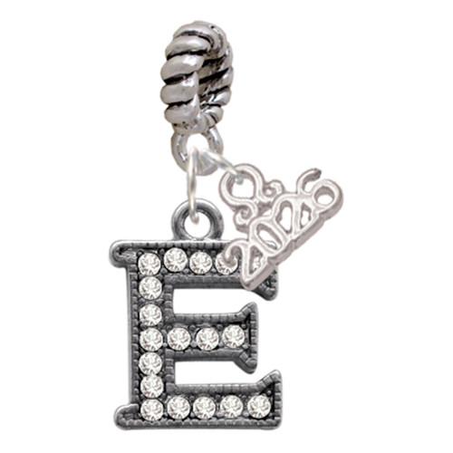 Black Nickeltone Crystal Initial - E - Beaded Border - Silver Plated Twist Rope Bead Charm Dangle with Mini Year 2026: Year to Remember Jewelry Gift - Celebrations