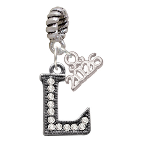 Black Nickeltone Crystal Initial - L - Beaded Border - Silver Plated Twist Rope Bead Charm Dangle with Mini Year 2026: Year to Remember Jewelry Gift - Celebrations