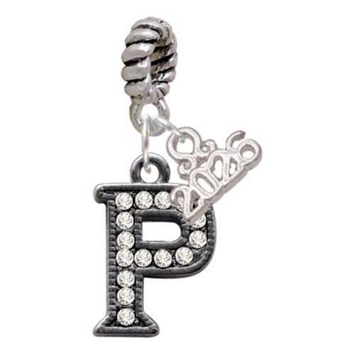 Black Nickeltone Crystal Initial - P - Beaded Border - Silver Plated Twist Rope Bead Charm Dangle with Mini Year 2026: Year to Remember Jewelry Gift - Celebrations