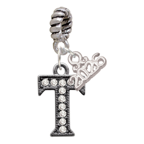 Black Nickeltone Crystal Initial - T - Beaded Border - Silver Plated Twist Rope Bead Charm Dangle with Mini Year 2026: Year to Remember Jewelry Gift - Celebrations