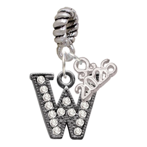 Black Nickeltone Crystal Initial - W - Beaded Border - Silver Plated Twist Rope Bead Charm Dangle with Mini Year 2026: Year to Remember Jewelry Gift - Celebrations