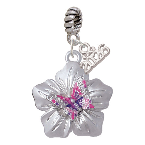 Silver Plated Pink & Purple Butterfly on Large Flower - Silver Plated Twist Rope Bead Charm Dangle with Mini Year 2026: Year to Remember Jewelry Gift - Celebrations