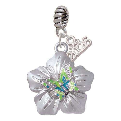 Silver Plated Lime Green & Hot Blue Butterfly on Large Flower - Silver Plated Twist Rope Bead Charm Dangle with Mini Year 2026: Year to Remember Jewelry Gift - Celebrations