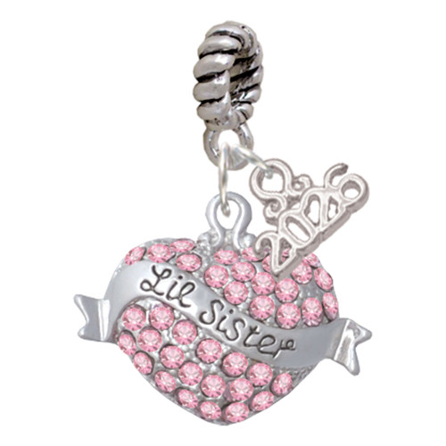 Silver Plated Lil Sister Banner on Pink Crystal Heart - Silver Plated Twist Rope Bead Charm Dangle with Mini Year 2026: Year to Remember Jewelry Gift - Celebrations