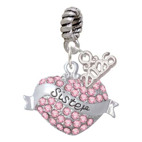 Silver Plated Sister Banner on Pink Crystal Heart - Silver Plated Twist Rope Bead Charm Dangle with Mini Year 2026: Year to Remember Jewelry Gift - Celebrations