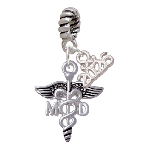 Silver Plated Caduceus - MD - Silver Plated Twist Rope Bead Charm Dangle with Mini Year 2026: Year to Remember Jewelry Gift - Celebrations