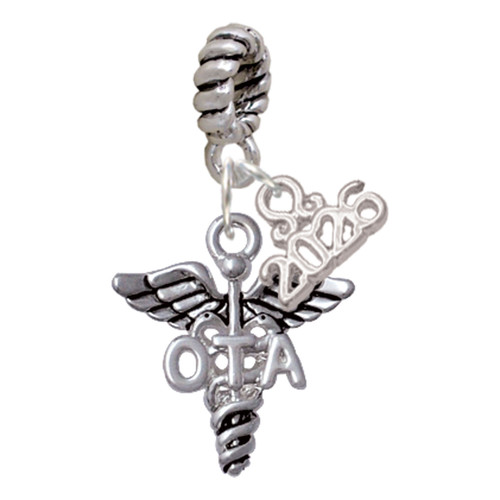 Silver Plated Therapist Caduceus - OTA - Silver Plated Twist Rope Bead Charm Dangle with Mini Year 2026: Year to Remember Jewelry Gift - Celebrations