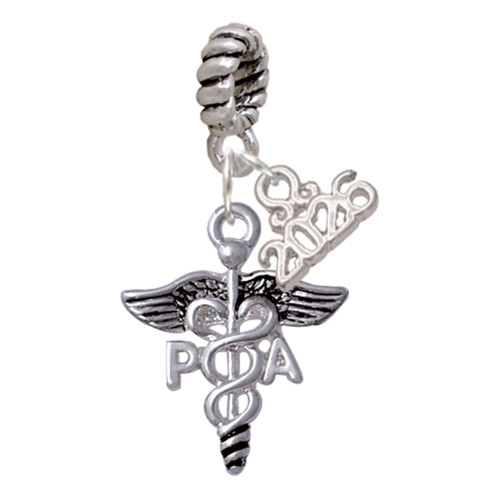 Silver Plated Physician Assistant Caduceus - PA - Silver Plated Twist Rope Bead Charm Dangle with Mini Year 2026: Year to Remember Jewelry Gift - Celebrations